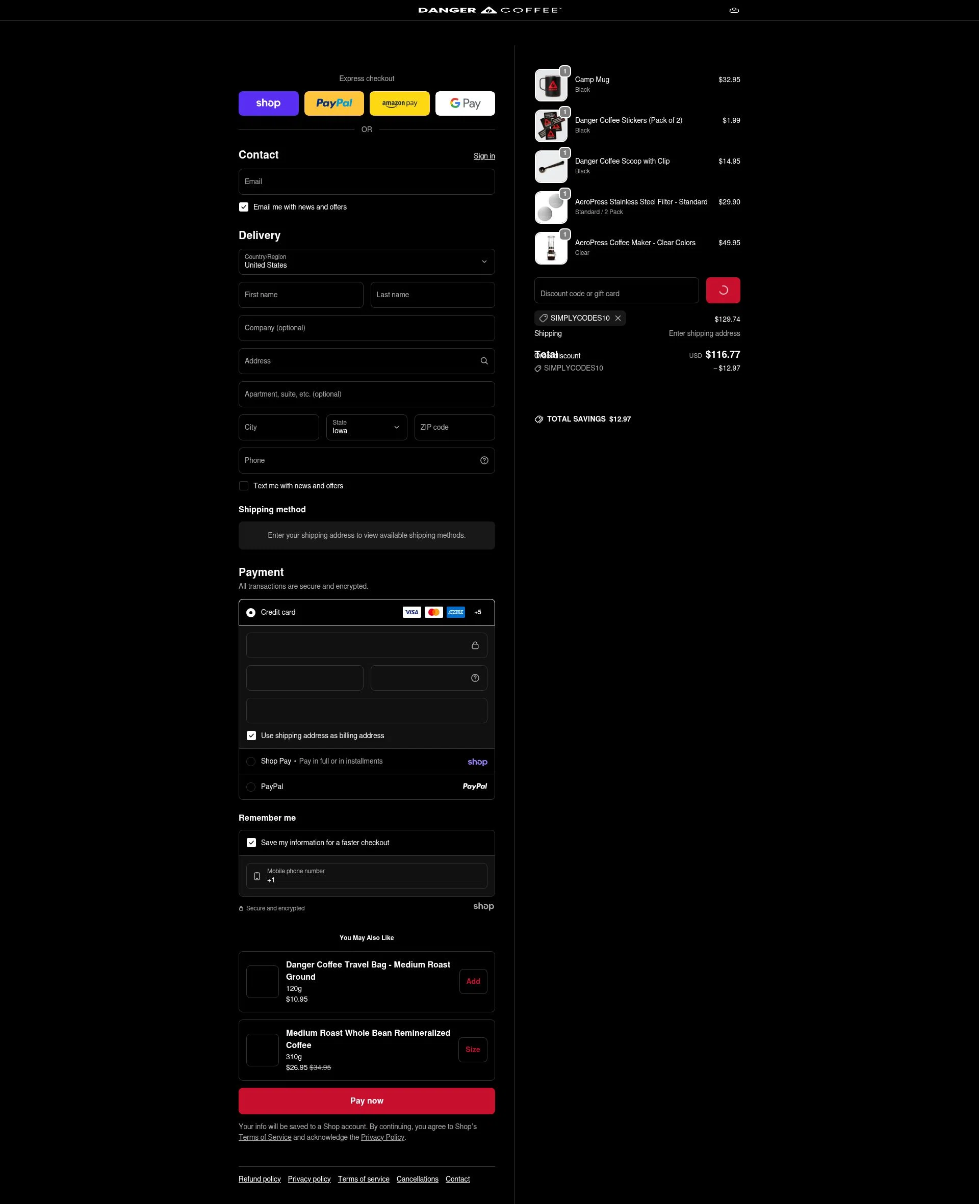 Danger Coffee checkout page showing Danger Coffee discount code box | Screenshot taken by SimplyCodes community member on Jan 30, 2026