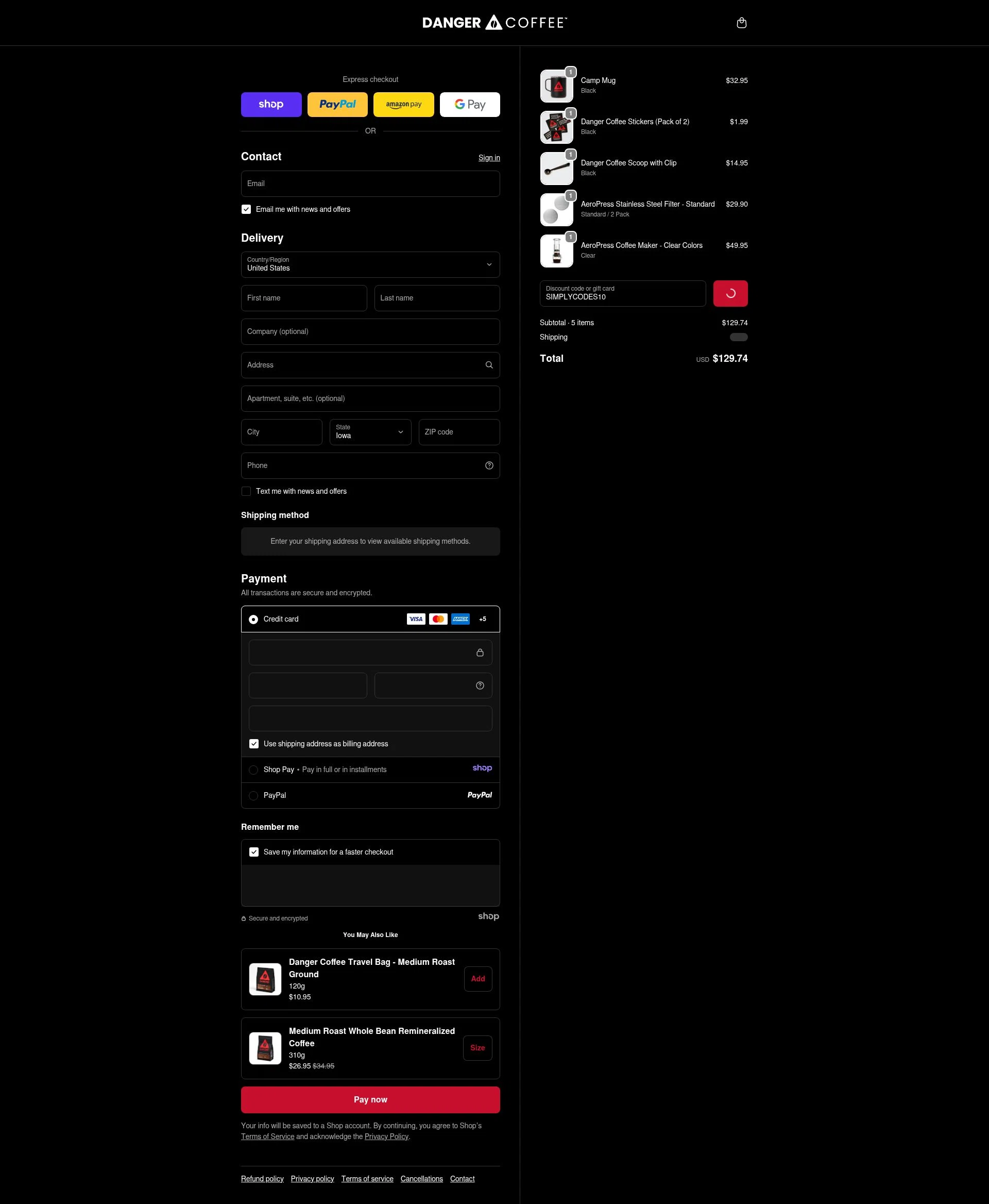 Danger Coffee checkout page showing Danger Coffee discount code box | Screenshot taken by SimplyCodes community member on Jan 5, 2026