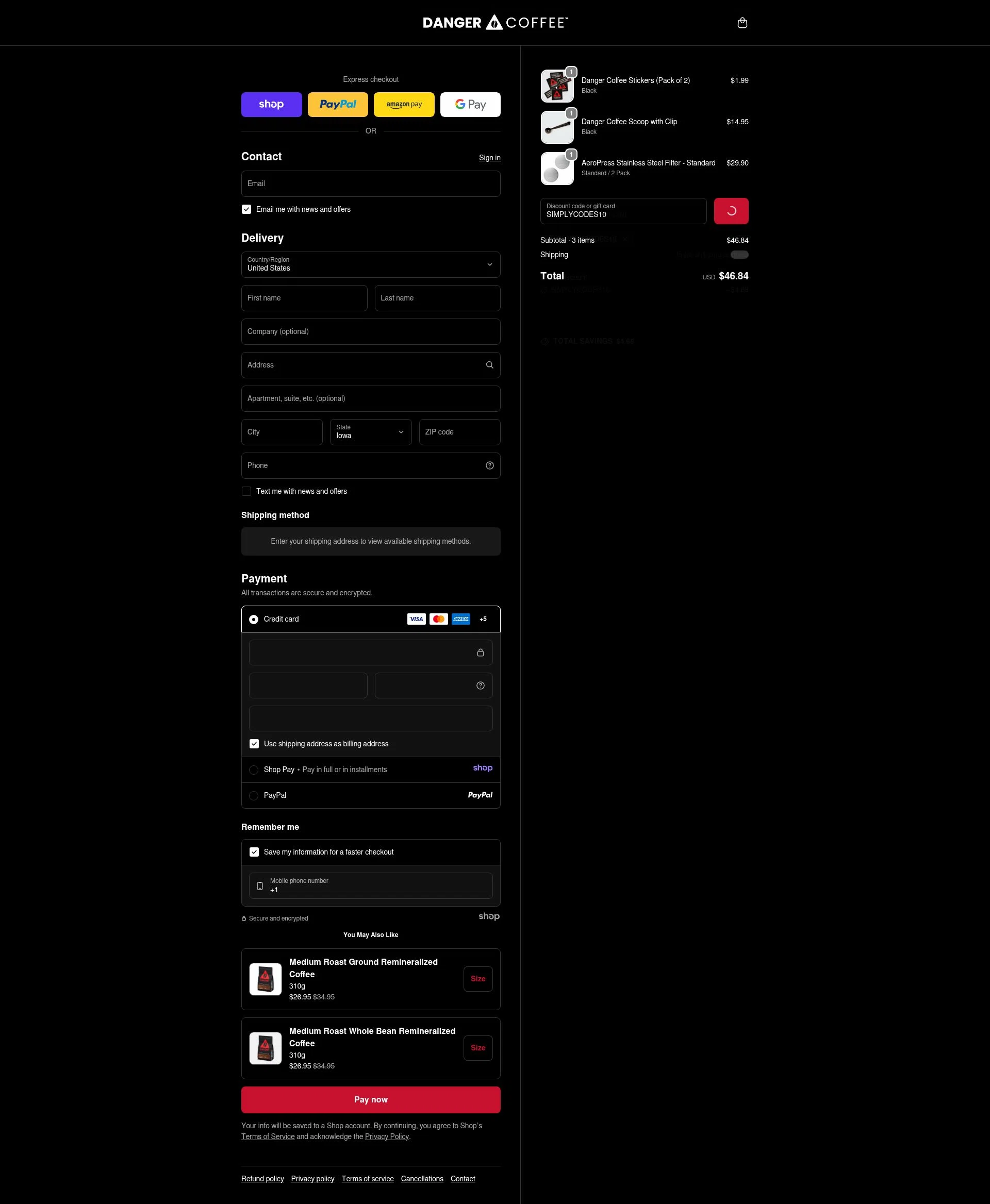 Danger Coffee checkout page showing Danger Coffee discount code box | Screenshot taken by SimplyCodes community member on Dec 26, 2025