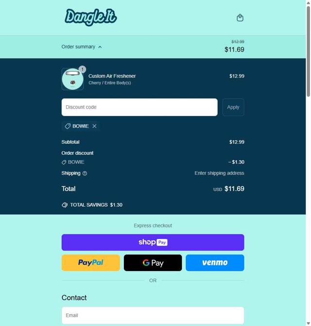 Dangle It checkout page showing Dangle It discount code box | Screenshot taken by SimplyCodes community member on May 24, 2025