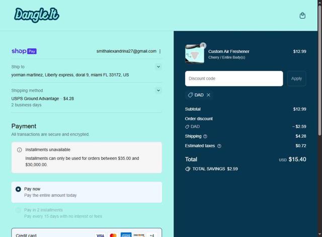 Dangle It checkout page showing Dangle It discount code box | Screenshot taken by SimplyCodes community member on Aug 4, 2025