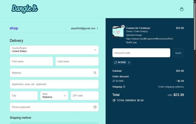 Dangle It checkout page showing Dangle It discount code box | Screenshot taken by SimplyCodes community member on Sep 4, 2025