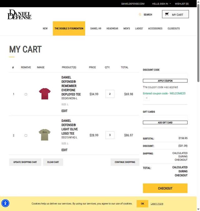 Daniel Defense checkout page showing Daniel Defense discount code box | Screenshot taken by SimplyCodes community member on Aug 20, 2025