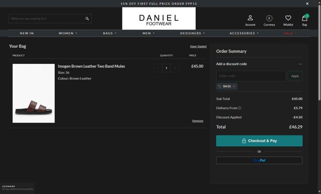 Daniel Footwear checkout page showing Daniel Footwear discount code box | Screenshot taken by SimplyCodes community member on Aug 21, 2025