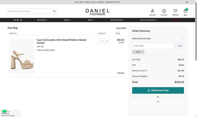 Daniel Footwear checkout page showing Daniel Footwear discount code box | Screenshot taken by SimplyCodes community member on Aug 29, 2025