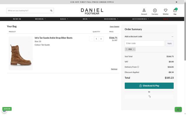 Daniel Footwear checkout page showing Daniel Footwear discount code box | Screenshot taken by SimplyCodes community member on Sep 5, 2025
