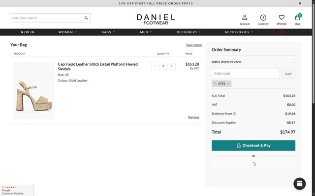 Daniel Footwear checkout page showing Daniel Footwear discount code box | Screenshot taken by SimplyCodes community member on Jul 31, 2025