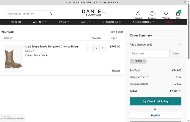Daniel Footwear checkout page showing Daniel Footwear discount code box | Screenshot taken by SimplyCodes community member on Aug 31, 2025