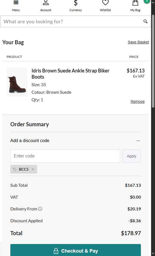 Daniel Footwear checkout page showing Daniel Footwear discount code box | Screenshot taken by SimplyCodes community member on Aug 26, 2025