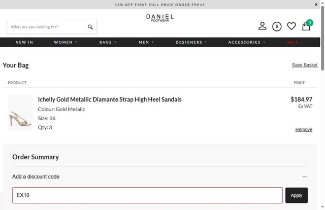 Daniel Footwear checkout page showing Daniel Footwear discount code box | Screenshot taken by SimplyCodes community member on Aug 9, 2025