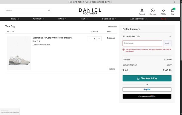 Daniel Footwear checkout page showing Daniel Footwear discount code box | Screenshot taken by SimplyCodes community member on Jul 28, 2025