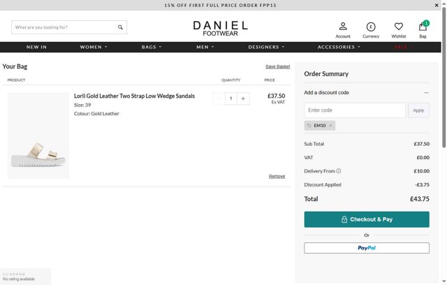 Daniel Footwear checkout page showing Daniel Footwear discount code box | Screenshot taken by SimplyCodes community member on Aug 18, 2025