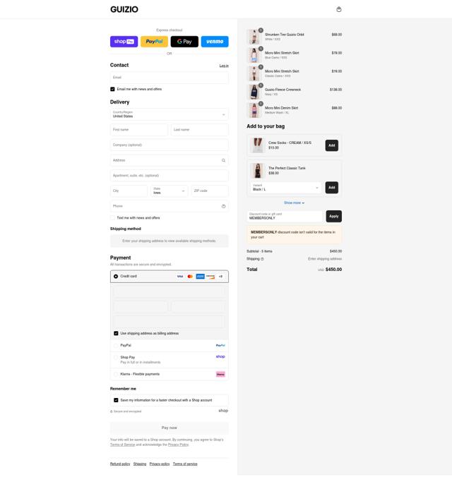 Danielle Guizio checkout page showing Danielle Guizio discount code box | Screenshot taken by SimplyCodes community member on Aug 24, 2025