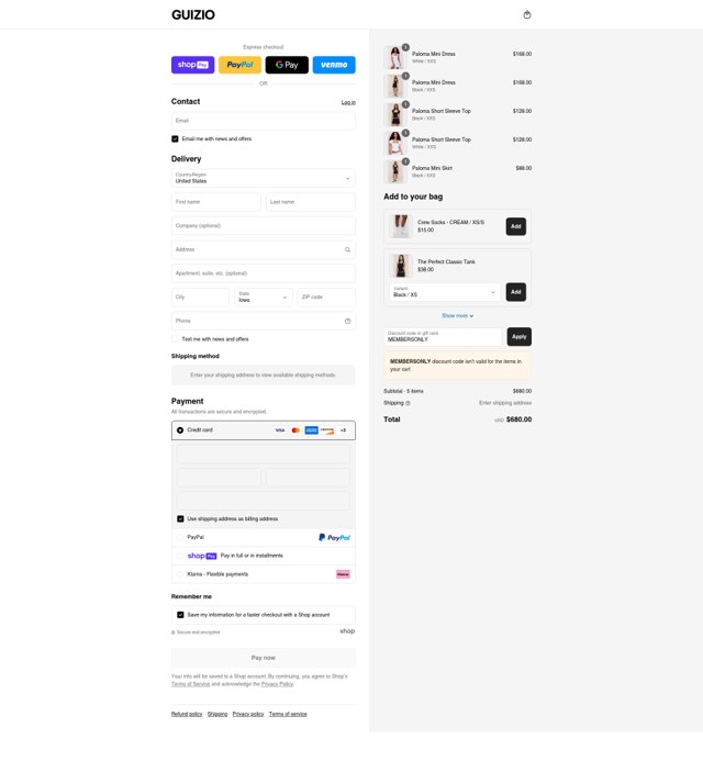 Danielle Guizio checkout page showing Danielle Guizio discount code box | Screenshot taken by SimplyCodes community member on Aug 8, 2025