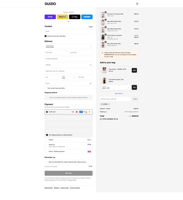 Danielle Guizio checkout page showing Danielle Guizio discount code box | Screenshot taken by SimplyCodes community member on Aug 29, 2025