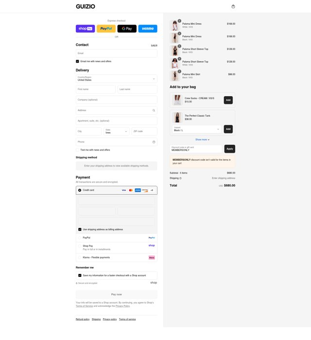 Danielle Guizio checkout page showing Danielle Guizio discount code box | Screenshot taken by SimplyCodes community member on Aug 15, 2025