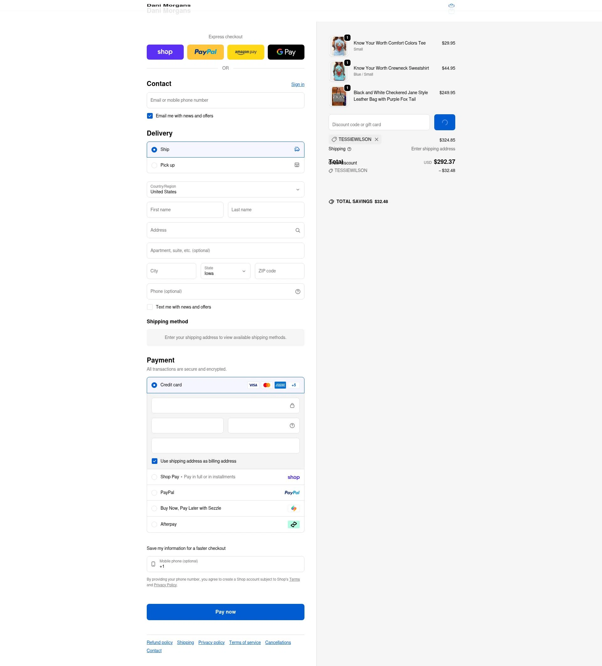 Dani Morgans Boutique checkout page showing Dani Morgans Boutique promo code box | Screenshot taken by SimplyCodes community member on Feb 16, 2026