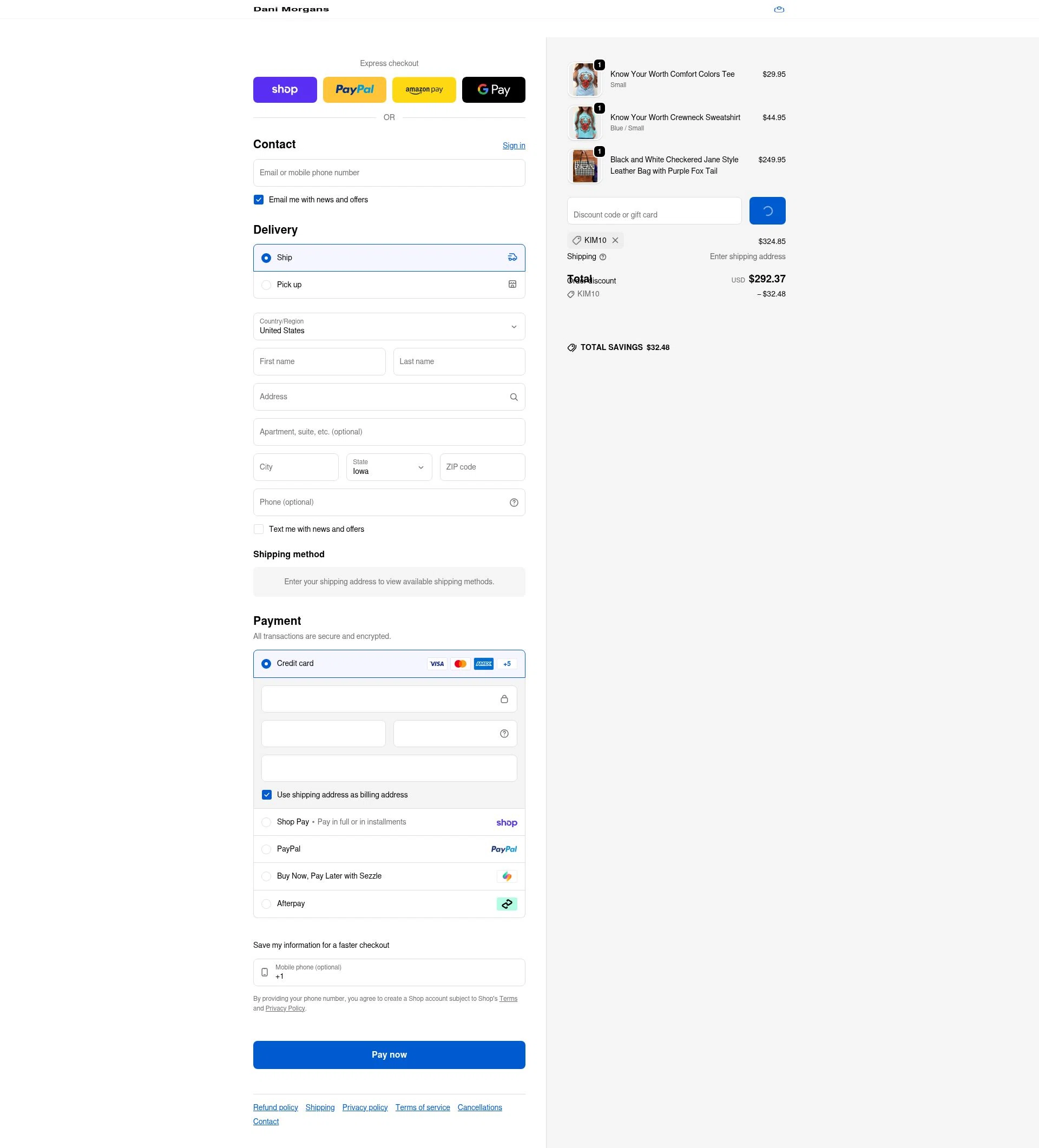 Dani Morgans Boutique checkout page showing Dani Morgans Boutique promo code box | Screenshot taken by SimplyCodes community member on Feb 16, 2026