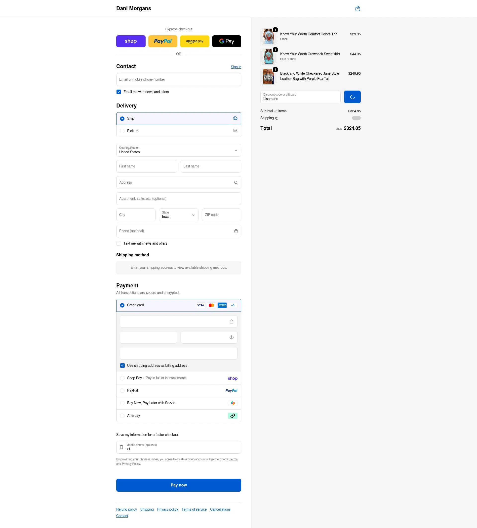 Dani Morgans Boutique checkout page showing Dani Morgans Boutique promo code box | Screenshot taken by SimplyCodes community member on Feb 16, 2026