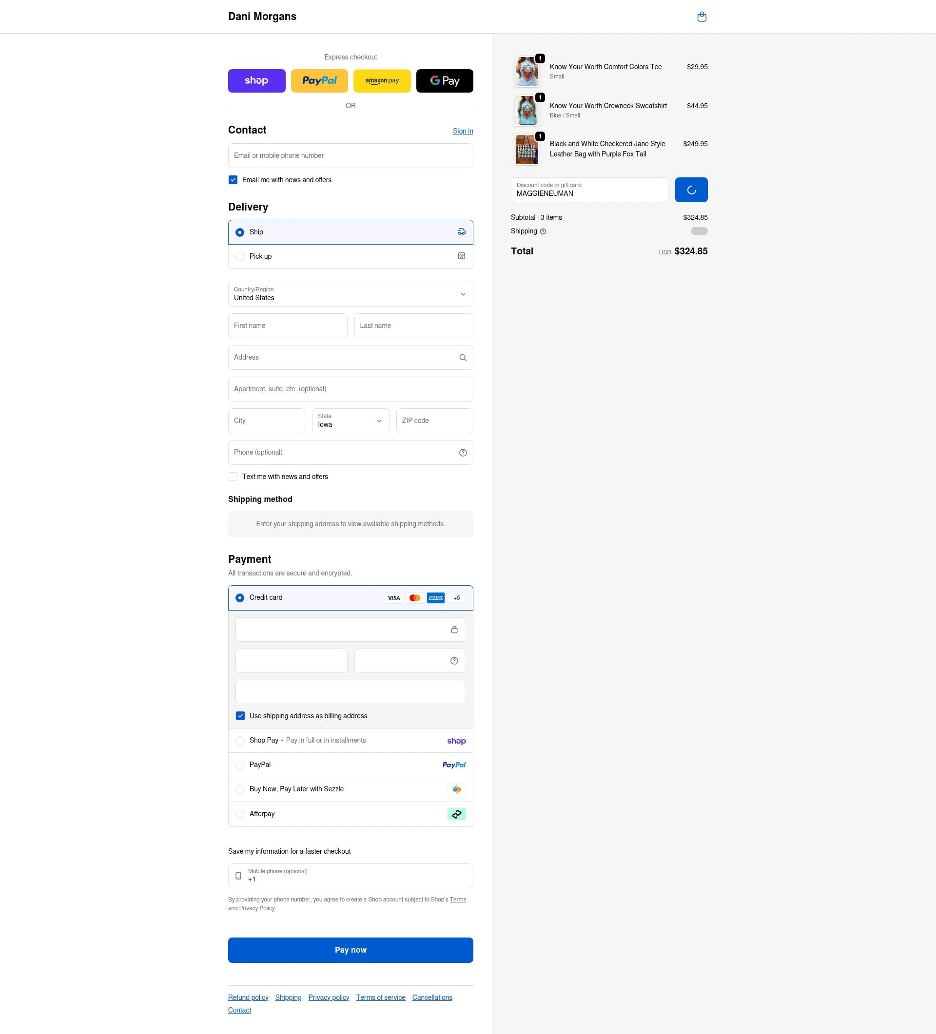 Dani Morgans Boutique checkout page showing Dani Morgans Boutique promo code box | Screenshot taken by SimplyCodes community member on Feb 16, 2026