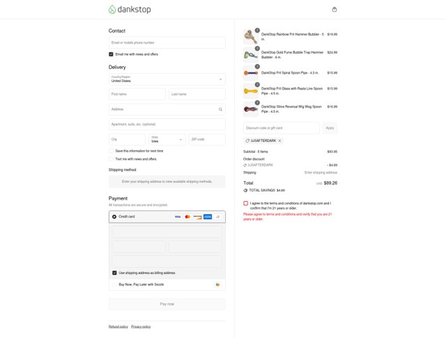 DankStop checkout page showing DankStop promo code box | Screenshot taken by SimplyCodes community member on Sep 4, 2025