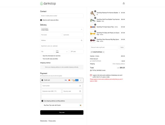 DankStop checkout page showing DankStop promo code box | Screenshot taken by SimplyCodes community member on Sep 4, 2025