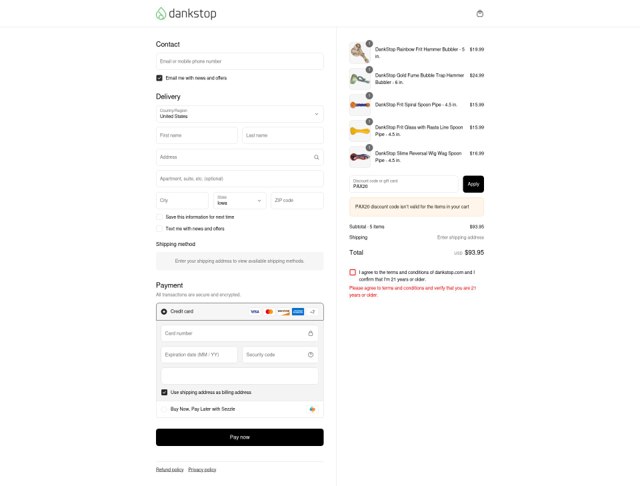 DankStop checkout page showing DankStop promo code box | Screenshot taken by SimplyCodes community member on Sep 4, 2025