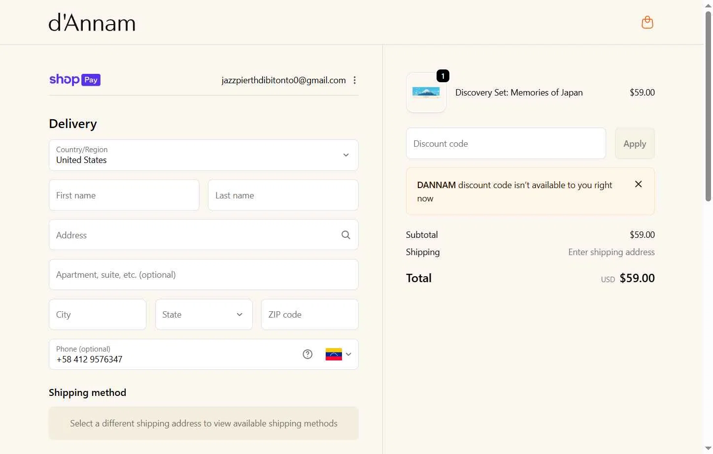 d'Annam checkout page showing d'Annam discount code box | Screenshot taken by SimplyCodes community member on Jan 10, 2026