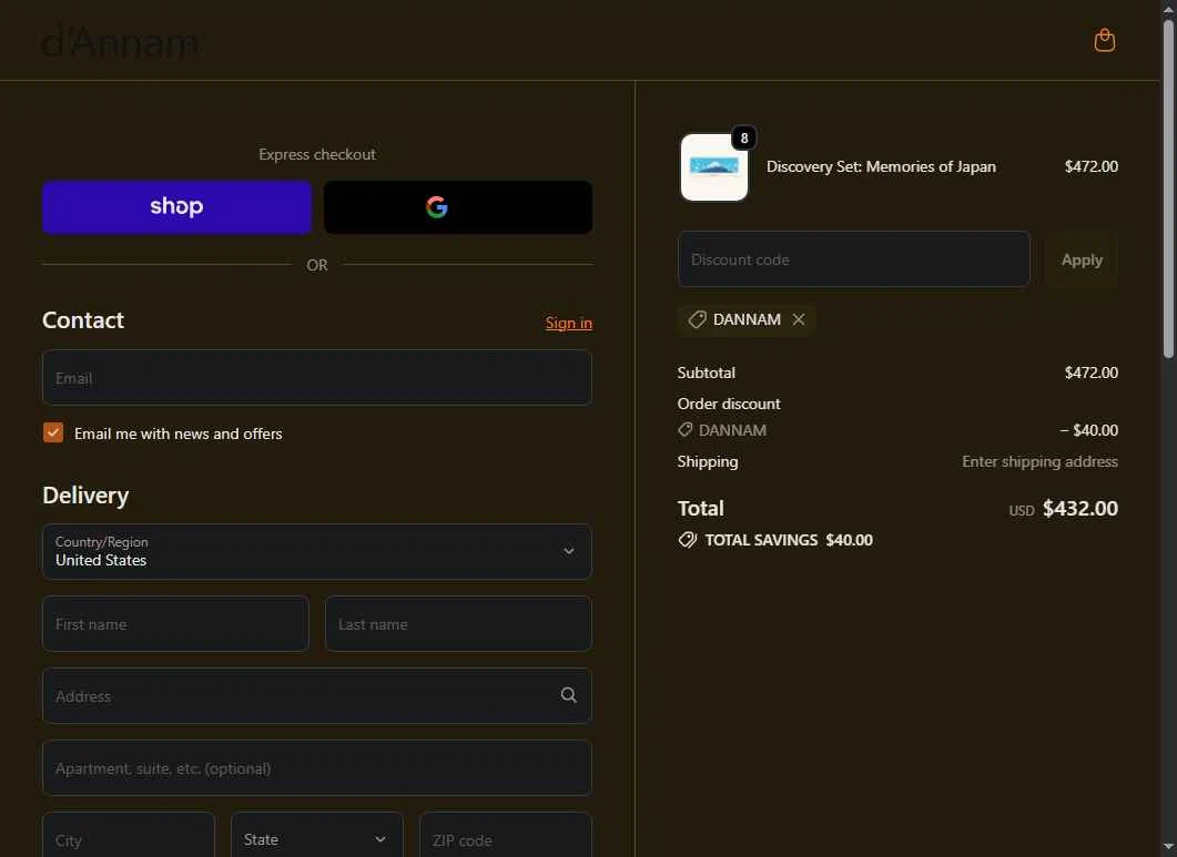 d'Annam checkout page showing d'Annam discount code box | Screenshot taken by SimplyCodes community member on Jan 18, 2026