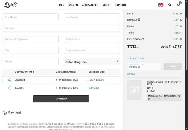 Danner checkout page showing Danner discount code box | Screenshot taken by SimplyCodes community member on Sep 2, 2025