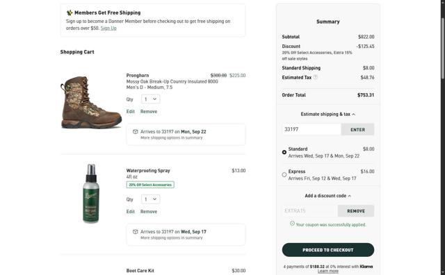 Danner checkout page showing Danner discount code box | Screenshot taken by SimplyCodes community member on Sep 8, 2025