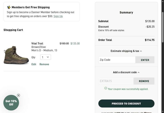 Danner checkout page showing Danner discount code box | Screenshot taken by SimplyCodes community member on Aug 28, 2025