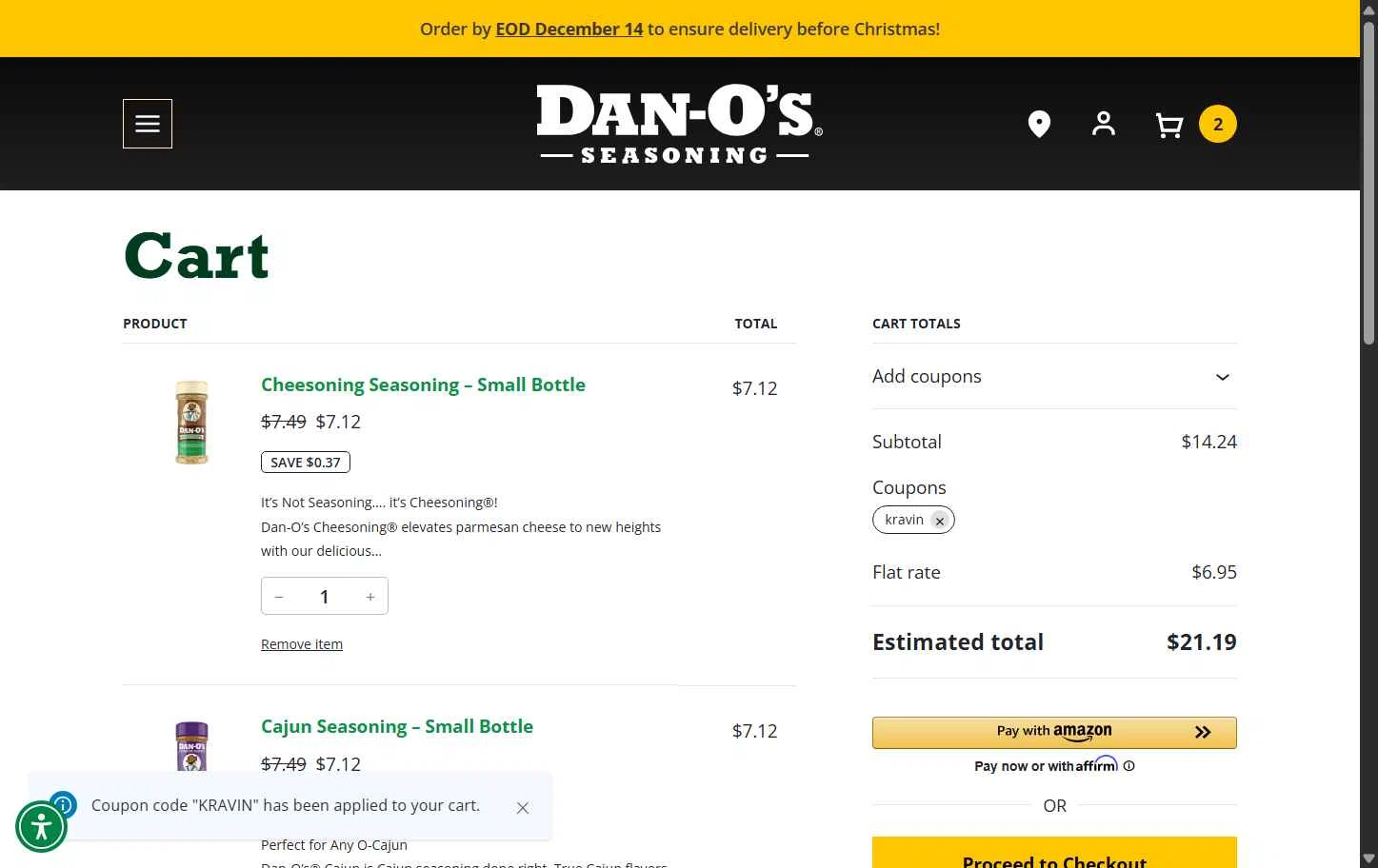Dan-O's Seasoning checkout page showing Dan-O's Seasoning discount code box | Screenshot taken by SimplyCodes community member on Dec 11, 2025