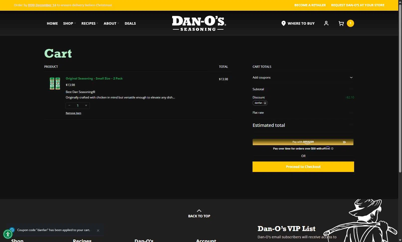 Dan-O's Seasoning checkout page showing Dan-O's Seasoning discount code box | Screenshot taken by SimplyCodes community member on Dec 27, 2025