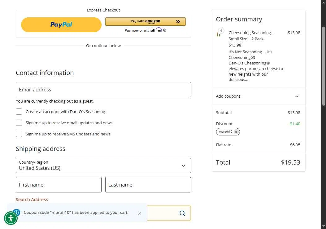 Dan-O's Seasoning checkout page showing Dan-O's Seasoning discount code box | Screenshot taken by SimplyCodes community member on Jan 2, 2026