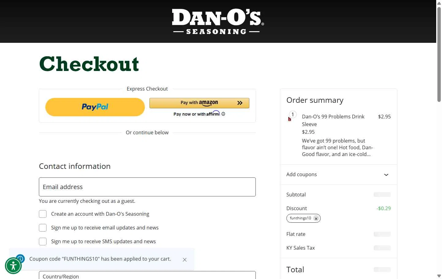 Dan-O's Seasoning checkout page showing Dan-O's Seasoning discount code box | Screenshot taken by SimplyCodes community member on Dec 19, 2025