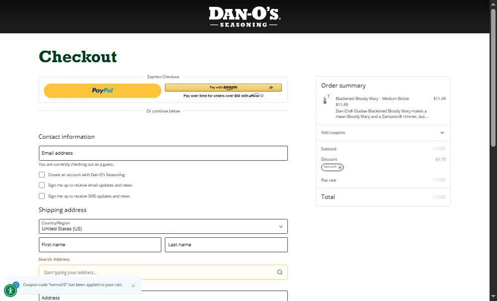 Dan-O's Seasoning checkout page showing Dan-O's Seasoning discount code box | Screenshot taken by SimplyCodes community member on Dec 11, 2025