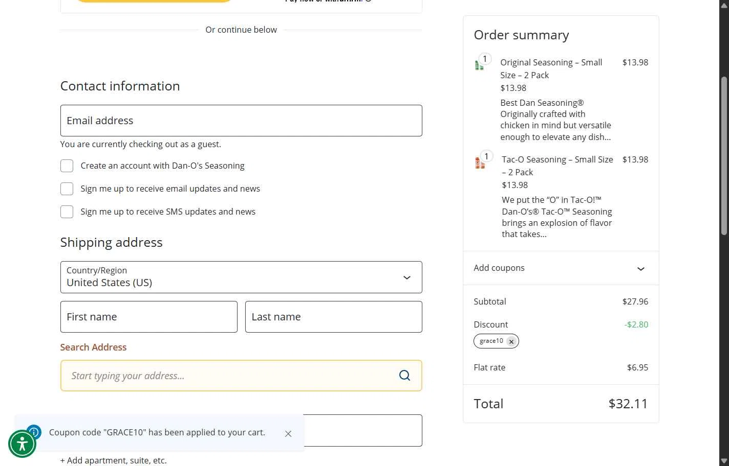 Dan-O's Seasoning checkout page showing Dan-O's Seasoning discount code box | Screenshot taken by SimplyCodes community member on Dec 19, 2025