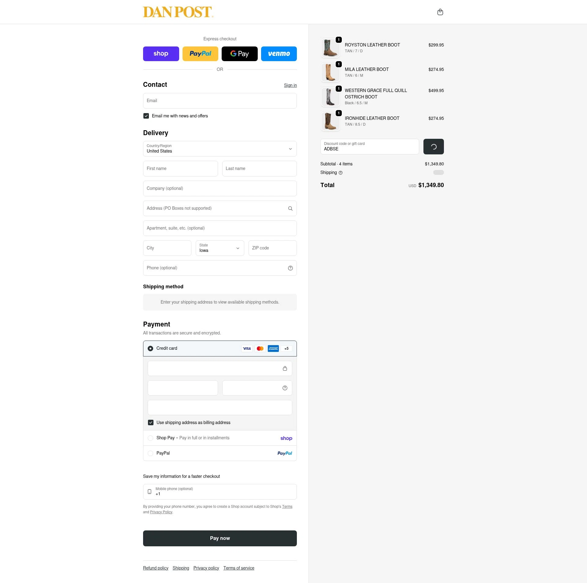 Dan Post Boots checkout page showing Dan Post Boots discount code box | Screenshot taken by SimplyCodes community member on Feb 18, 2026