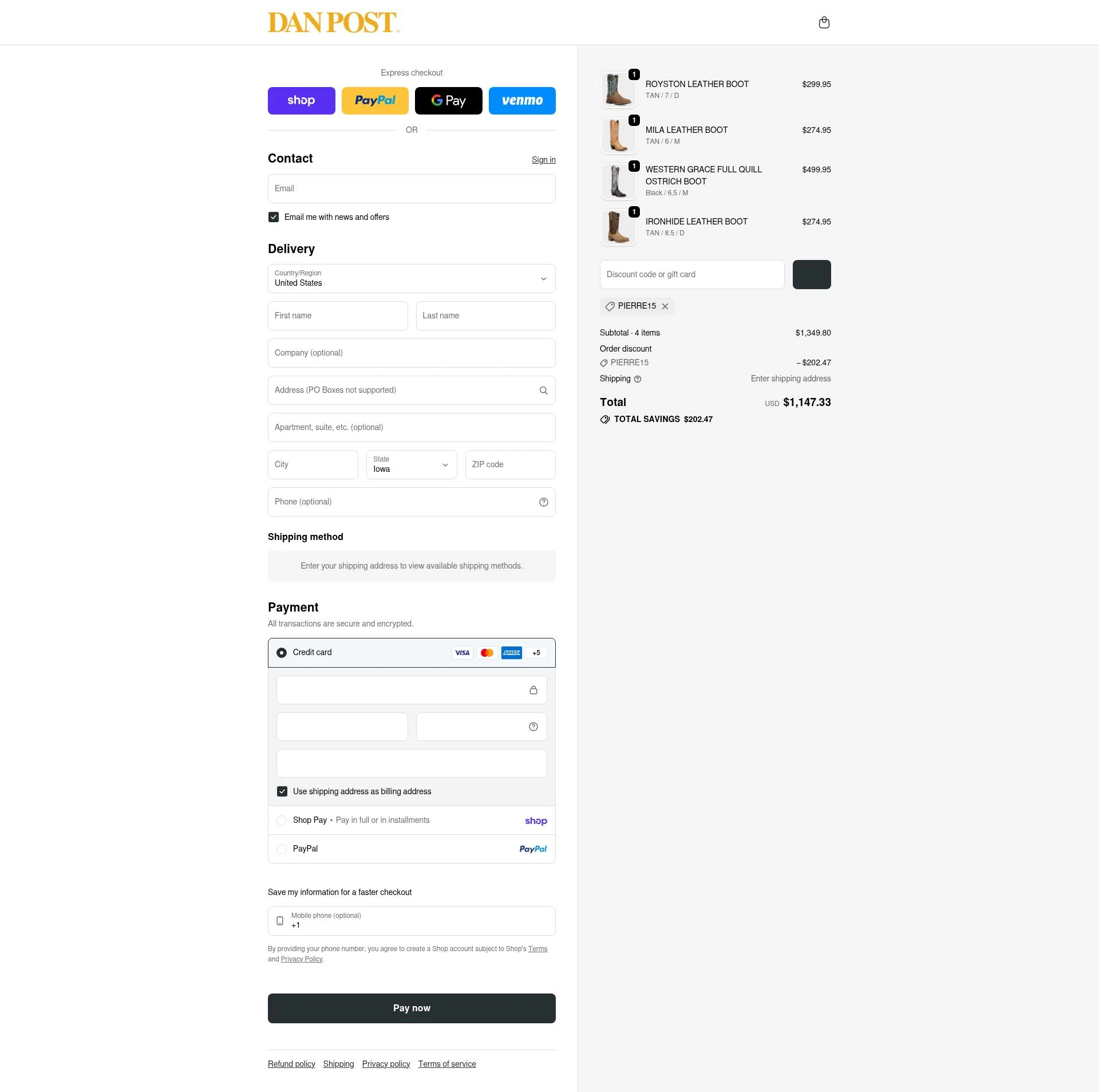 Dan Post Boots checkout page showing Dan Post Boots discount code box | Screenshot taken by SimplyCodes community member on Feb 18, 2026