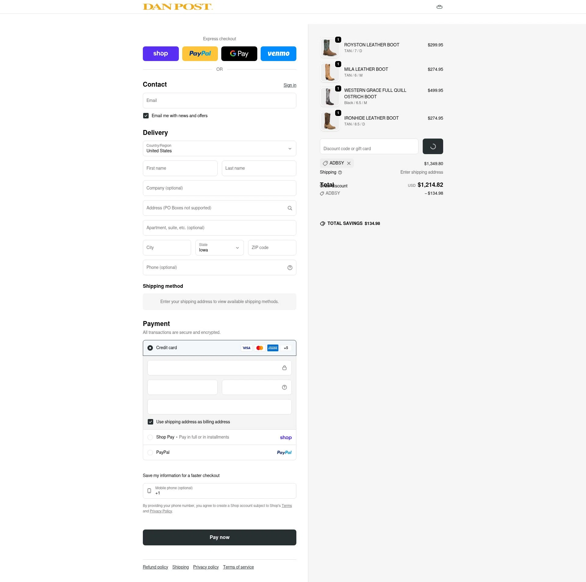 Dan Post Boots checkout page showing Dan Post Boots discount code box | Screenshot taken by SimplyCodes community member on Feb 18, 2026
