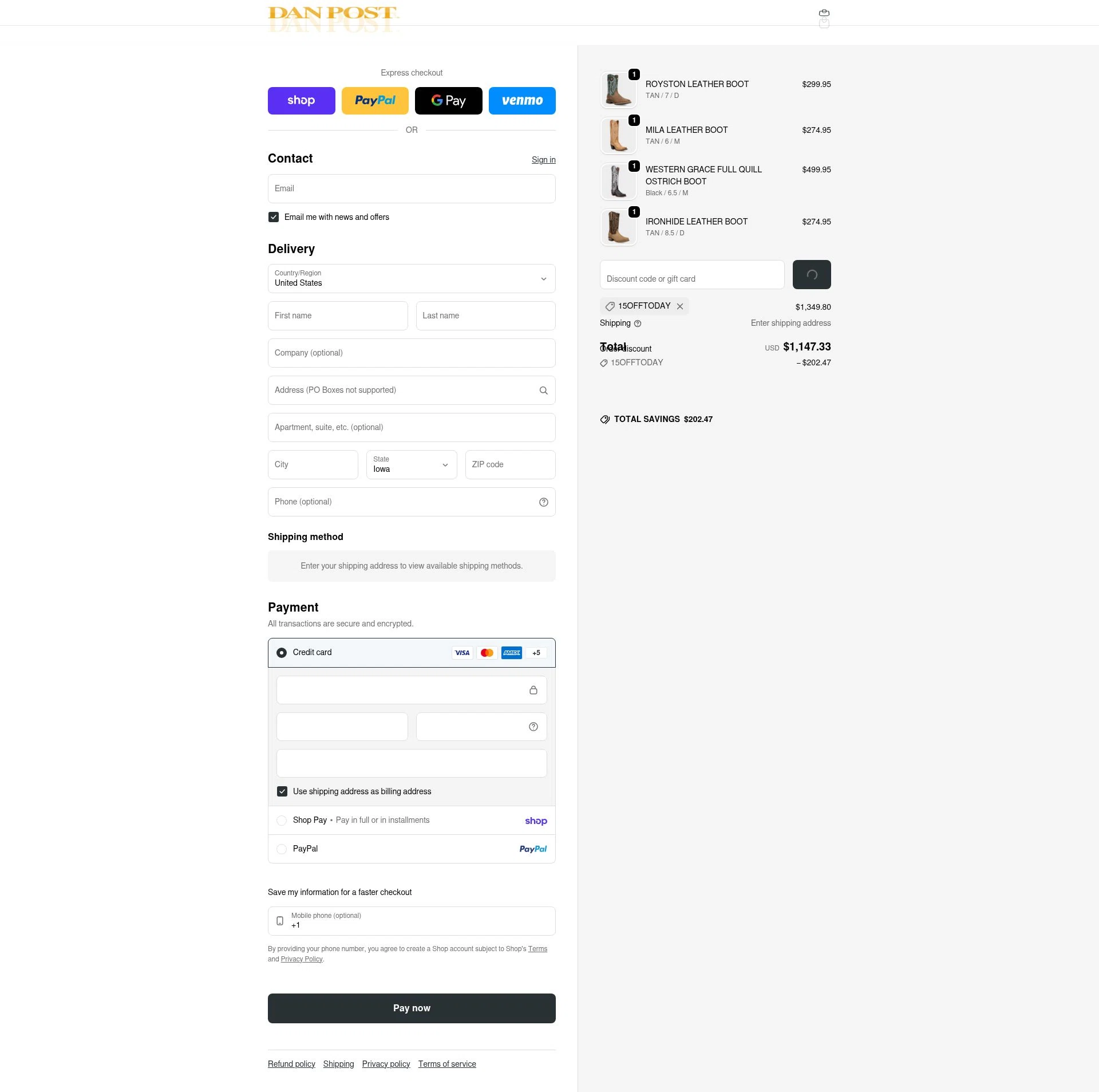 Dan Post Boots checkout page showing Dan Post Boots discount code box | Screenshot taken by SimplyCodes community member on Feb 18, 2026