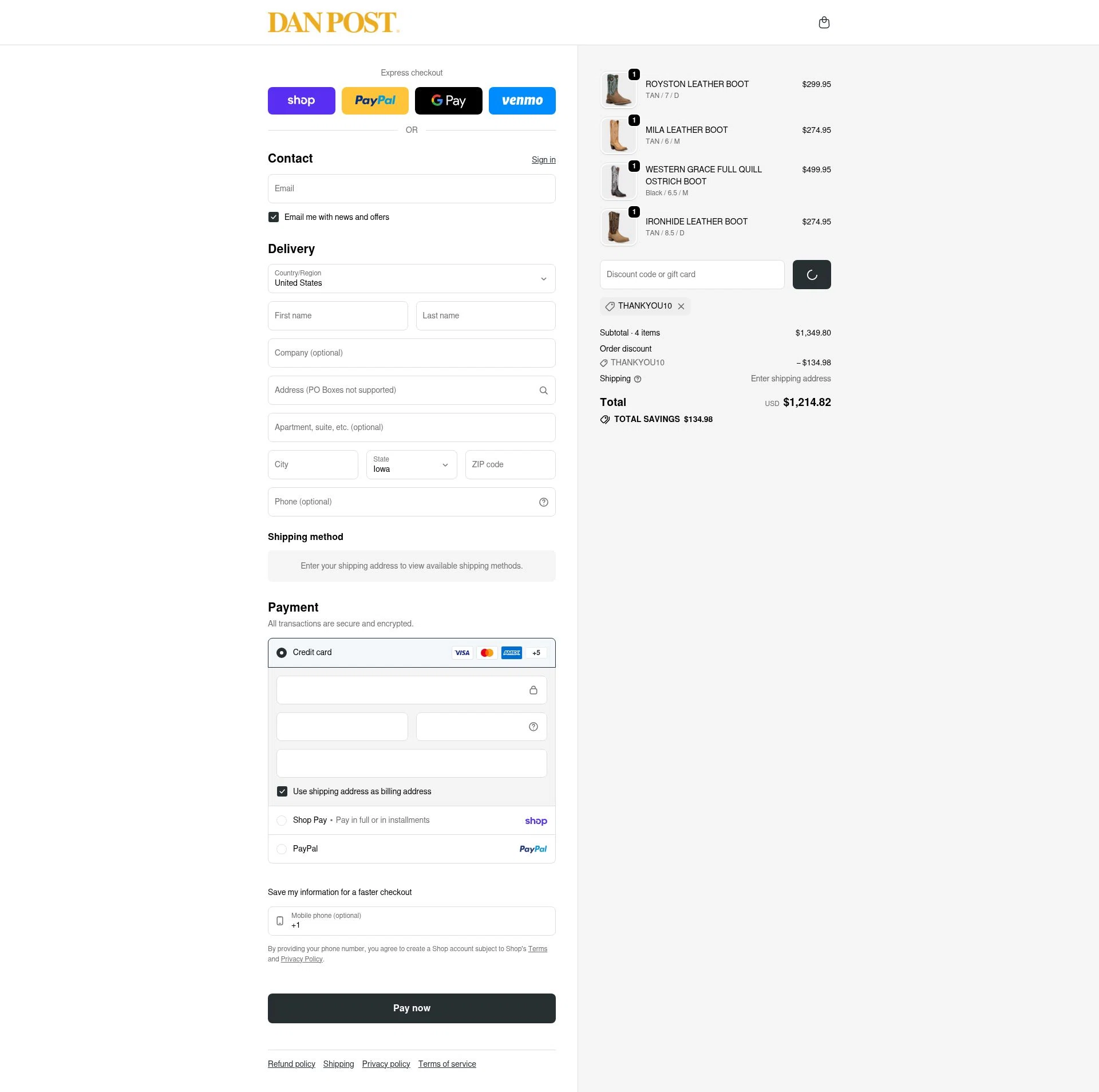 Dan Post Boots checkout page showing Dan Post Boots discount code box | Screenshot taken by SimplyCodes community member on Feb 18, 2026