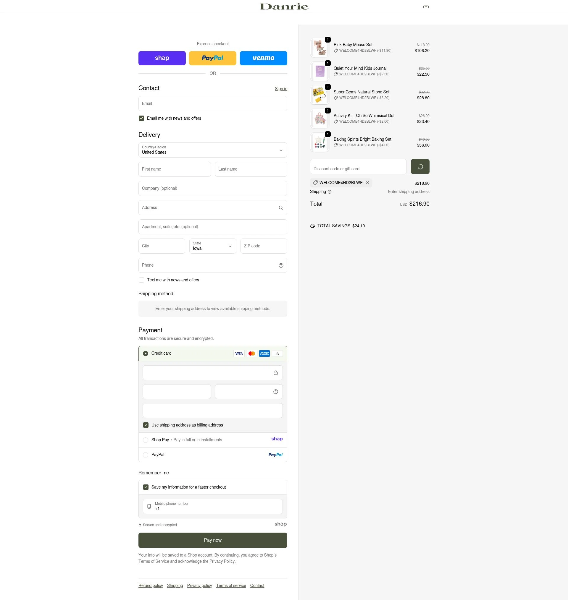 Danrie checkout page showing Danrie promo code box | Screenshot taken by SimplyCodes community member on Dec 28, 2025