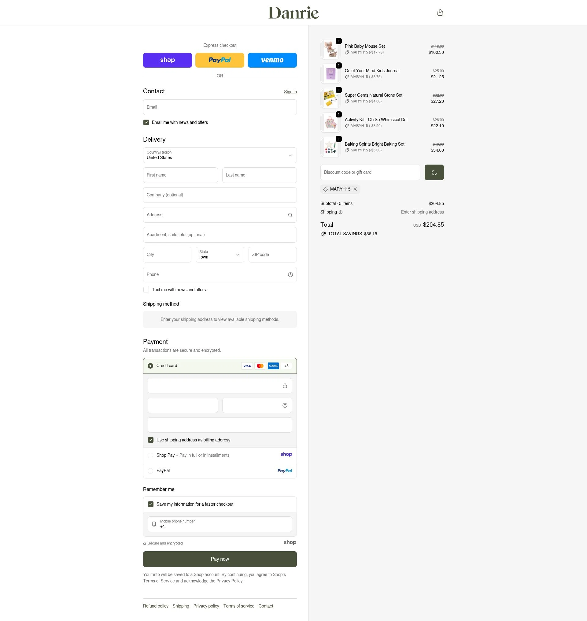 Danrie checkout page showing Danrie promo code box | Screenshot taken by SimplyCodes community member on Jan 2, 2026