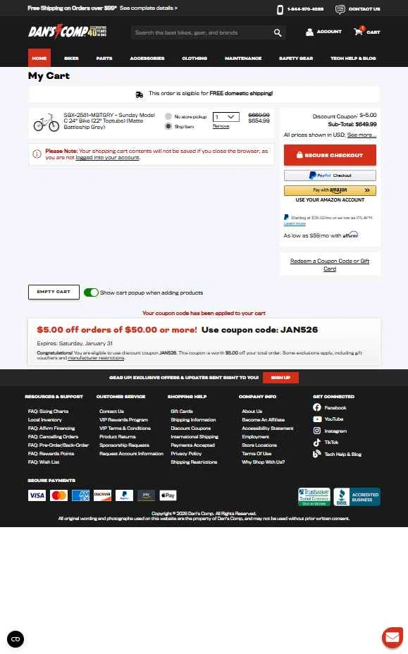 Dan's Comp checkout page showing Dan's Comp promo code box | Screenshot taken by SimplyCodes community member on Jan 31, 2026