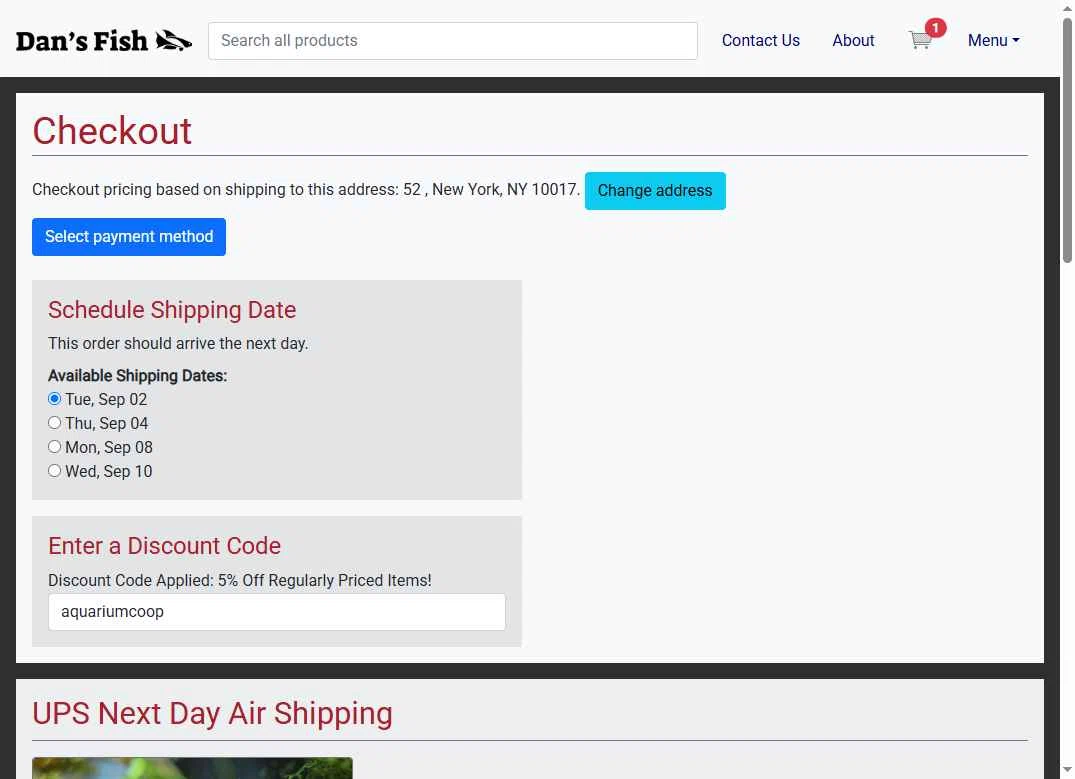 Dan's Fish checkout page showing Dan's Fish promo code box | Screenshot taken by SimplyCodes community member on Aug 29, 2025