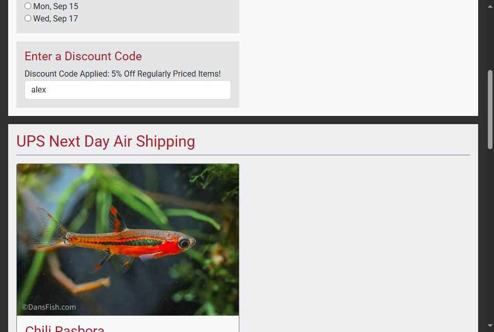 Dan's Fish checkout page showing Dan's Fish promo code box | Screenshot taken by SimplyCodes community member on Sep 1, 2025