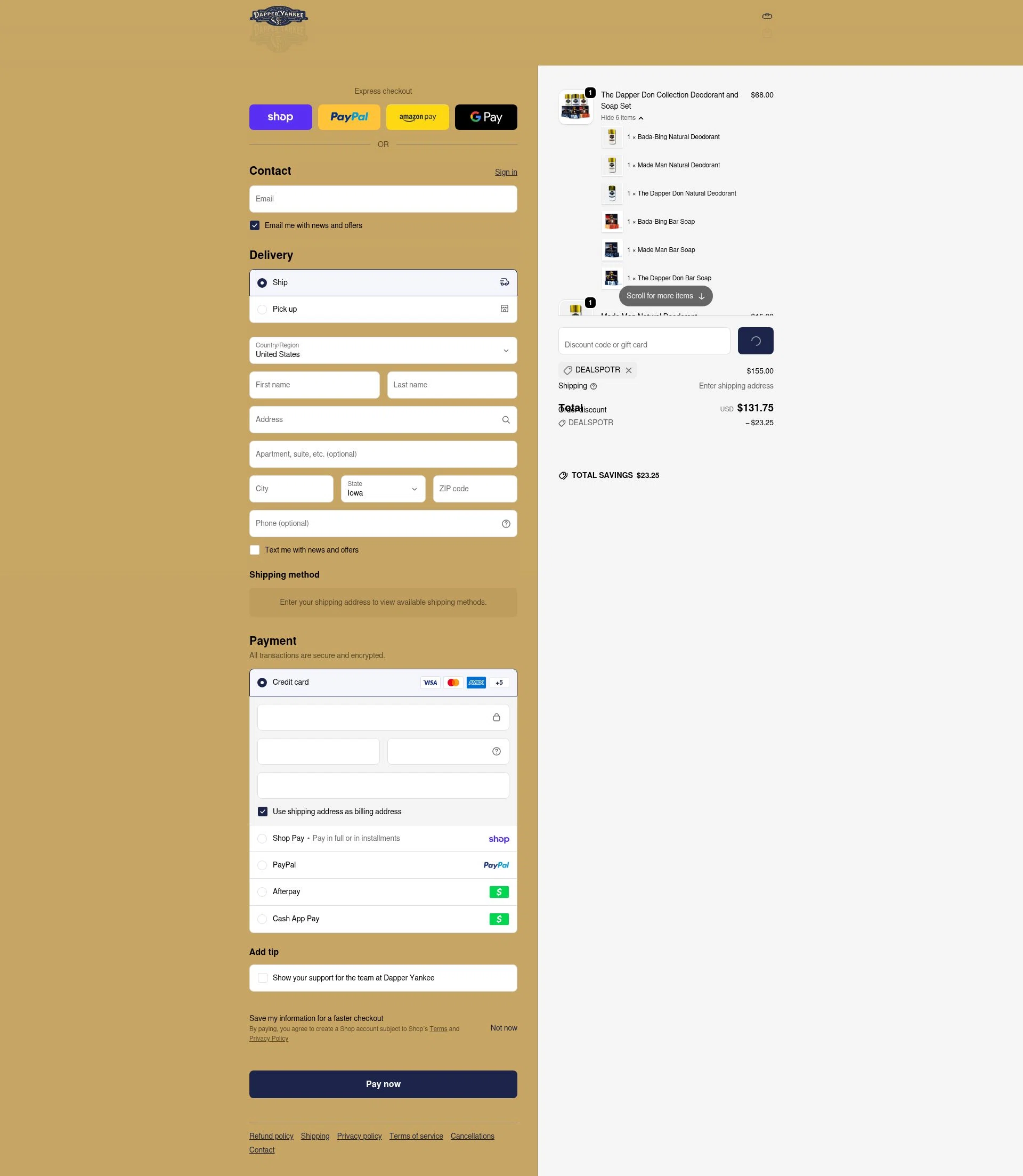 Dapper Yankee checkout page showing Dapper Yankee discount code box | Screenshot taken by SimplyCodes community member on Feb 18, 2026