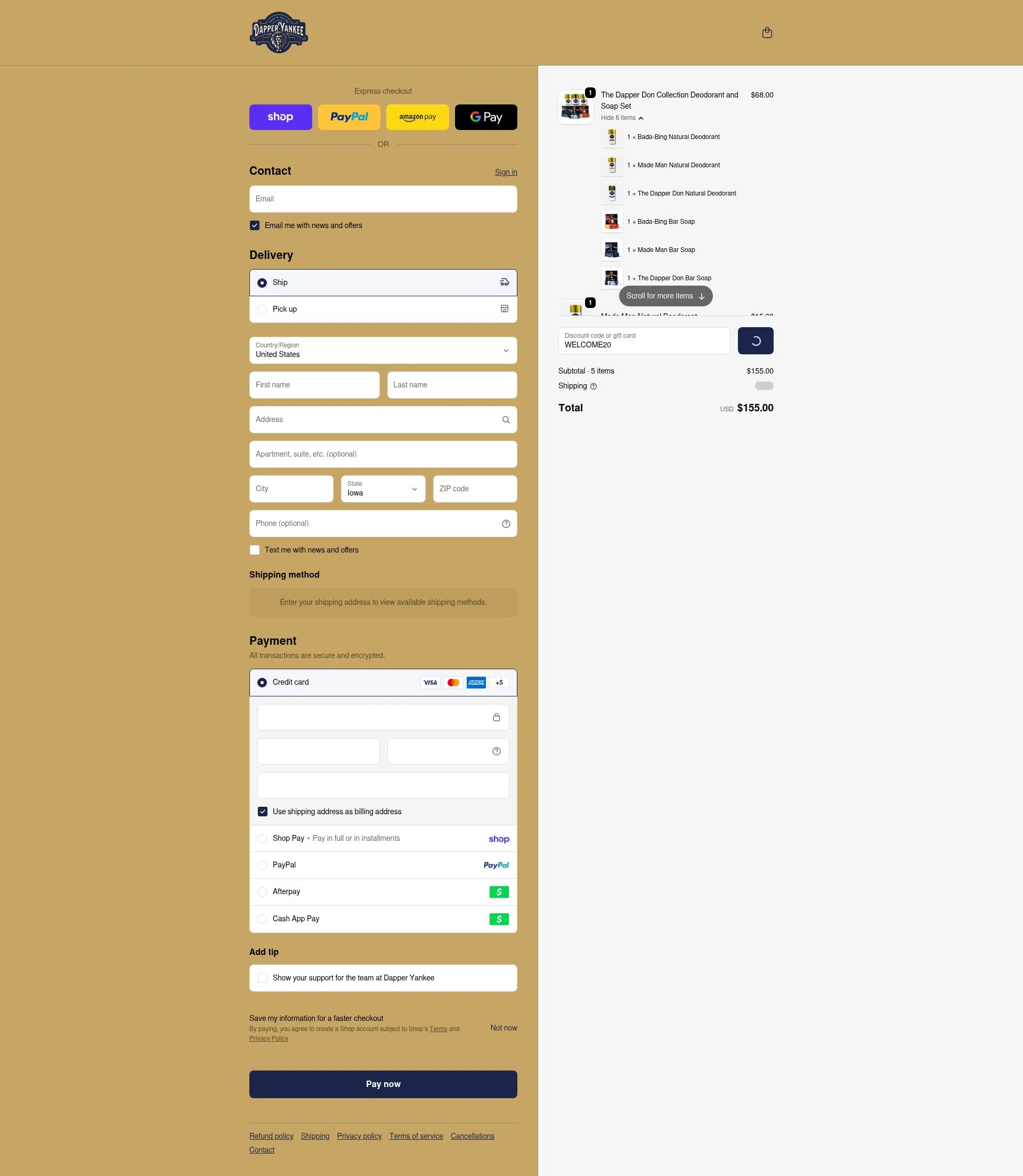 Dapper Yankee checkout page showing Dapper Yankee discount code box | Screenshot taken by SimplyCodes community member on Feb 18, 2026